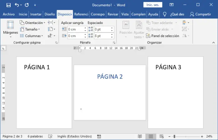 Word muestra un ejemplo cómo cambiar la orientación de una sola página en word. Páginas 1 y 3 en vertical, página 2 en horizontal.