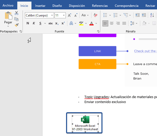 Acceso directo de Excel en Word
