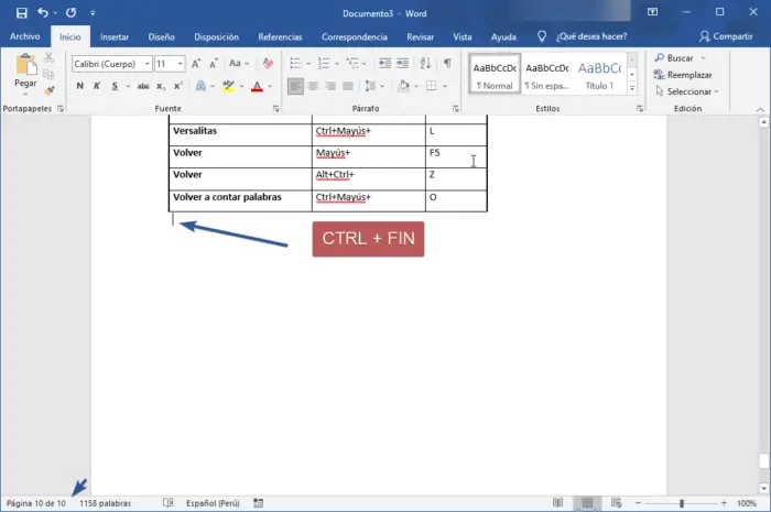 Atajos Word para desplazamiento en documento