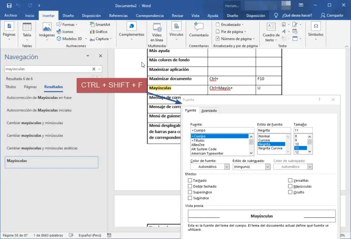 Atajos de teclado para formato de caracteres