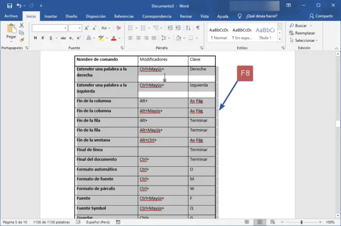 Atajos de teclado para seleccionar texto en Word