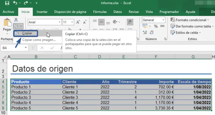 Copiar tabla desde Excel
