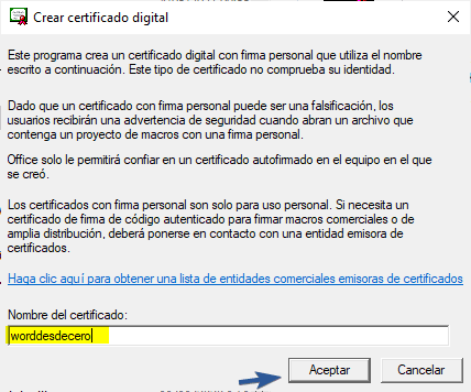 Ventana para Crear certificado digital