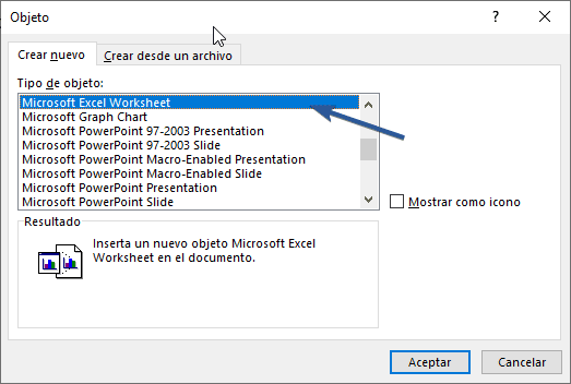 Crear nuevo Microsoft Excel Worksheet en Word