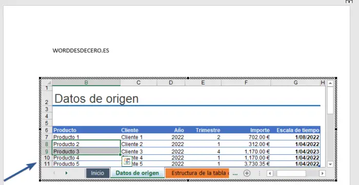 Edición de hoja de cálculo Excel en Word