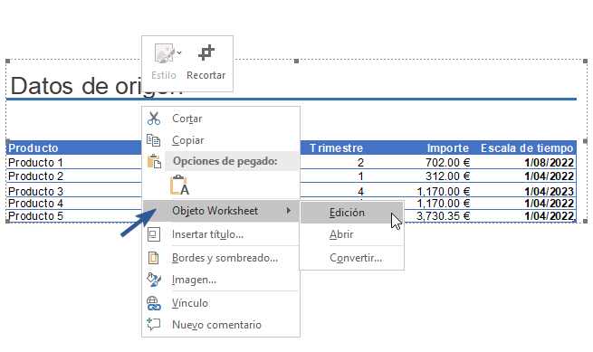 Editar objeto Worksheet en Word