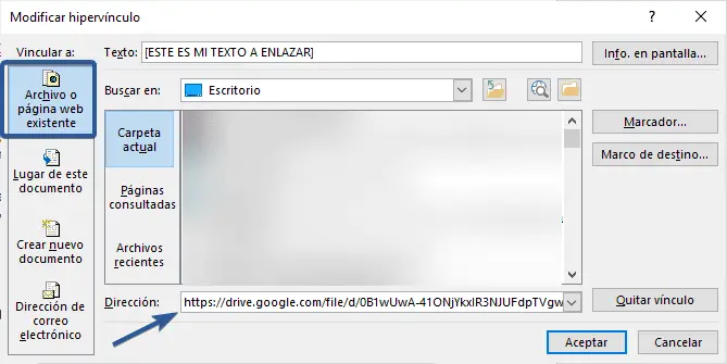 Hipervínculo con enlace de Google Drive