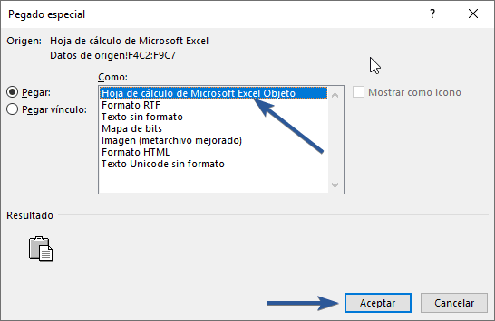 Opción de Hoja de cálculo de Microsoft Excel objeto