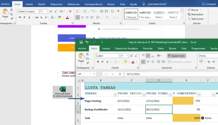 Incrustar documento Excel en Word