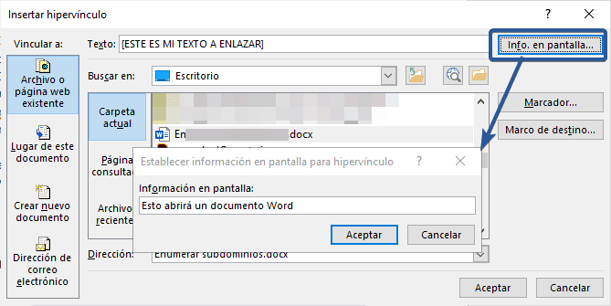 Información en pantalla para hipervínculo