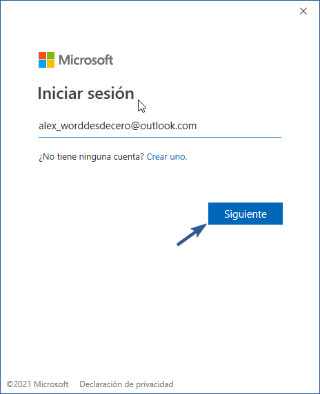 Iniciar sesión con cuenta de Microsoft Outlook