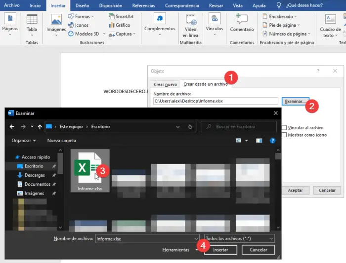 Insertar archivo Excel como objeto