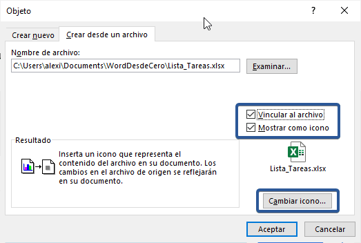 Insertar objeto de libro Excel en Word