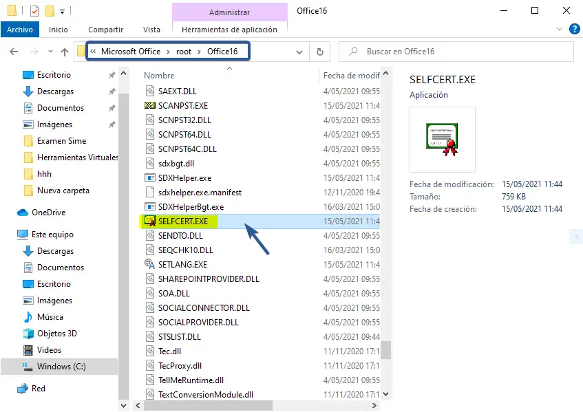 Ubicación del archivo SELFCERT.EXE