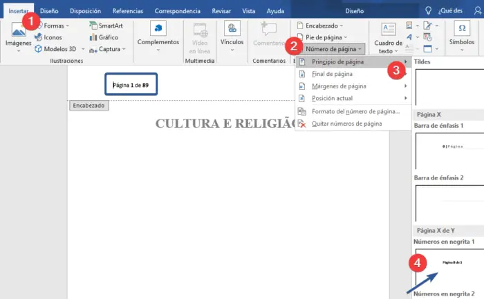 Numeración con total de páginas en Word