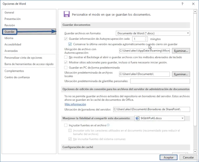 Opciones de Guardar en Word