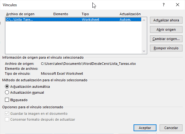 Opciones de vínculo en Word