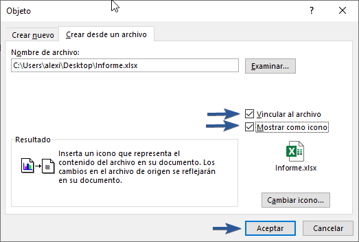 Opciones de objeto  de una tabla Excel