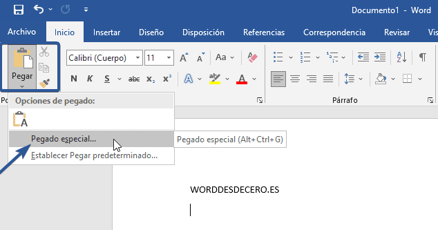 Pegado especial de tabla Excel