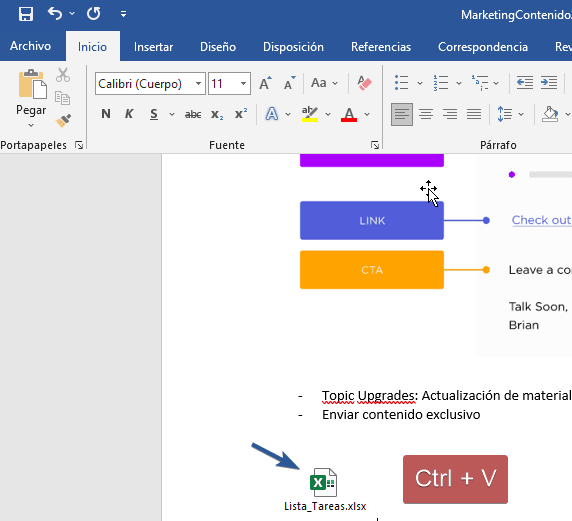 Pegar documento Excel en Word