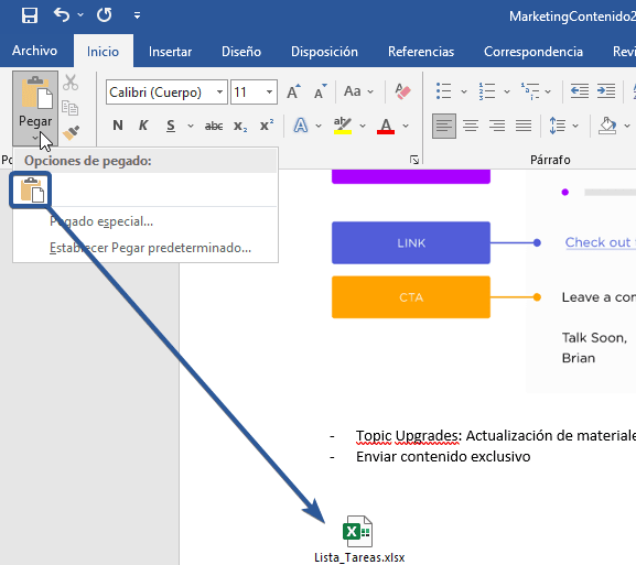 Pegar desde el portapapeles documento Excel a Word