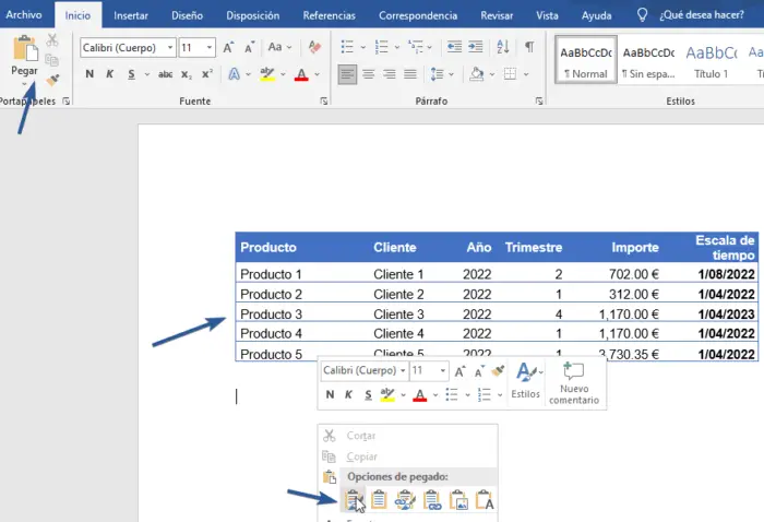 Pegar tabla en Word manteniendo el formato