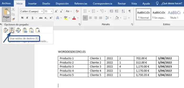 Pegar tabla en Word con estilo de destino