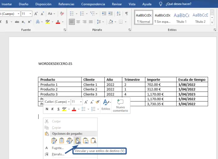 Pegar tabla con mismos estilos de Word vinculada a Excel