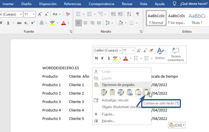 Pegar solo texto de tabla en Word