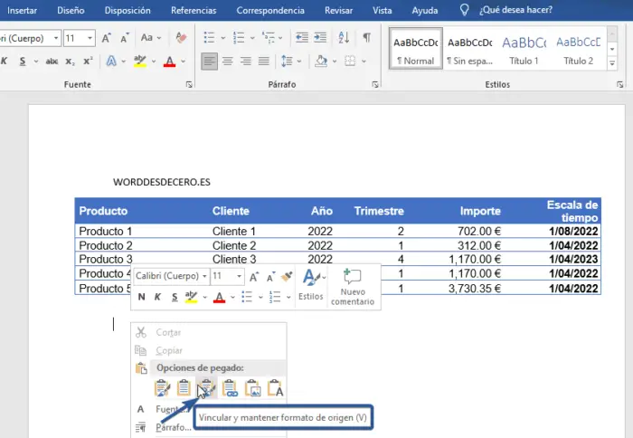 Pegar tabla en Word vinculada a Excel