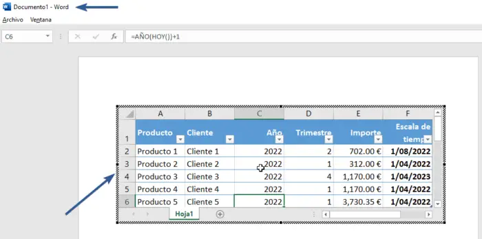 Tabla de Excel insertada como Objeto en Word