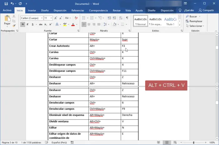 Teclas de acceso rápido comunes en Word