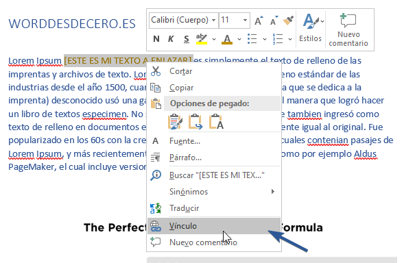 Vincular texto o párrafo en Word