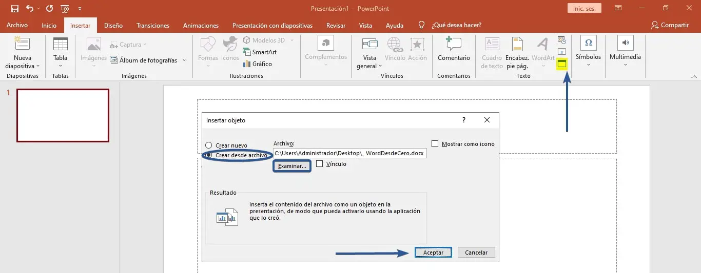 Busque con las anteriores instrucciones su documentos para añadirlo en PowerPoint.