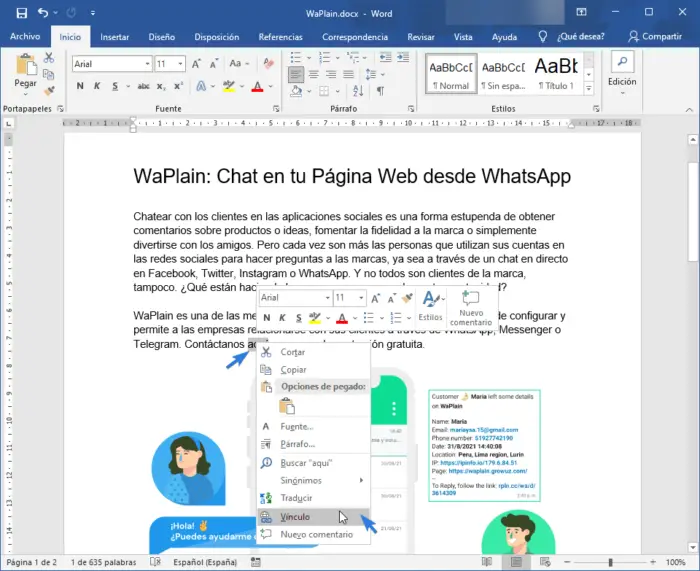 Añadir vínculo en texto de Word