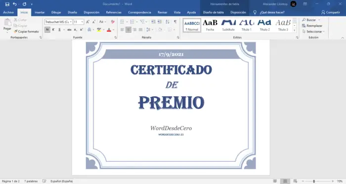 Luego de editar lo requerido, estará listo su Certificado para imprimir.