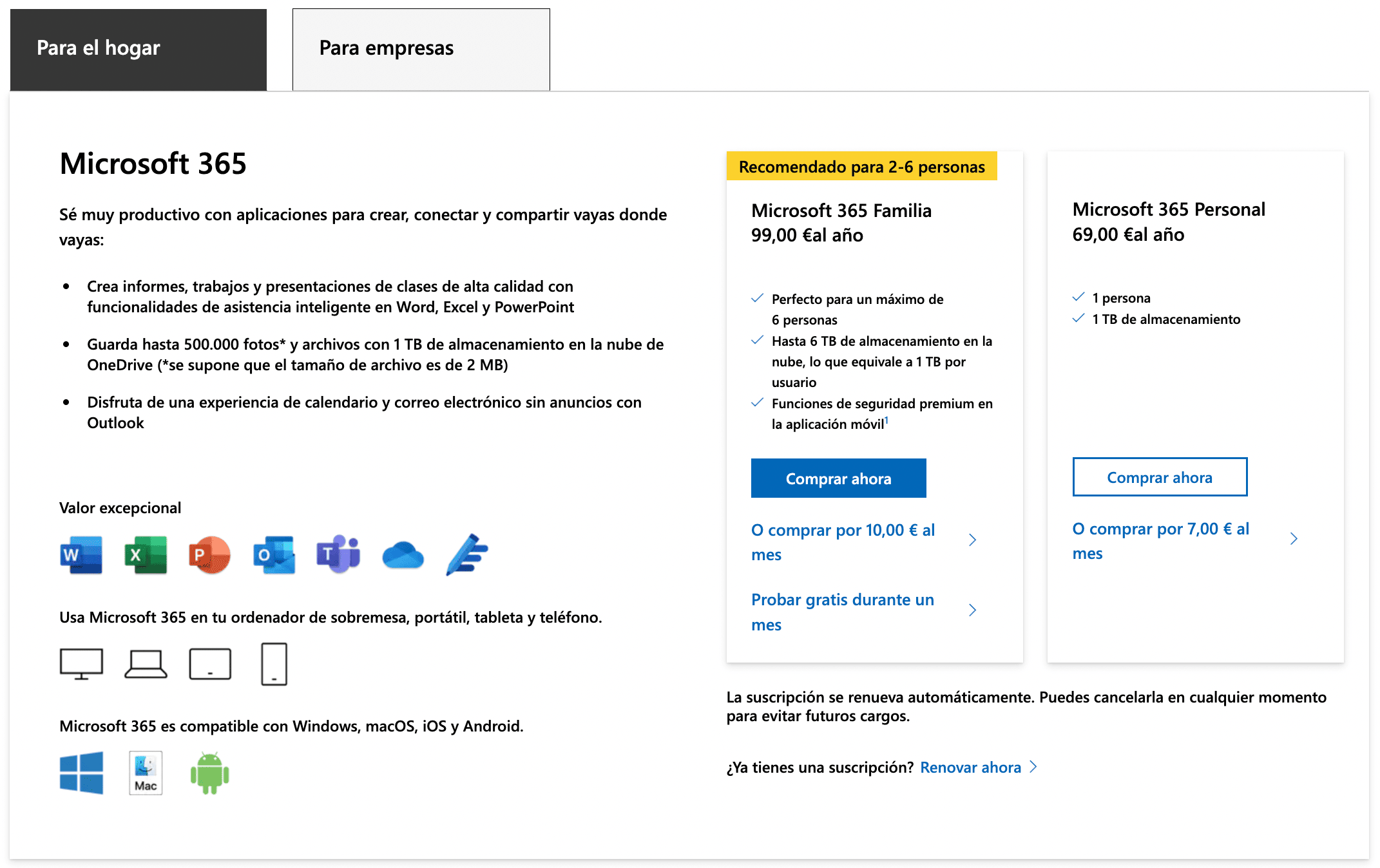Precios de Microsoft 365 en su página oficial