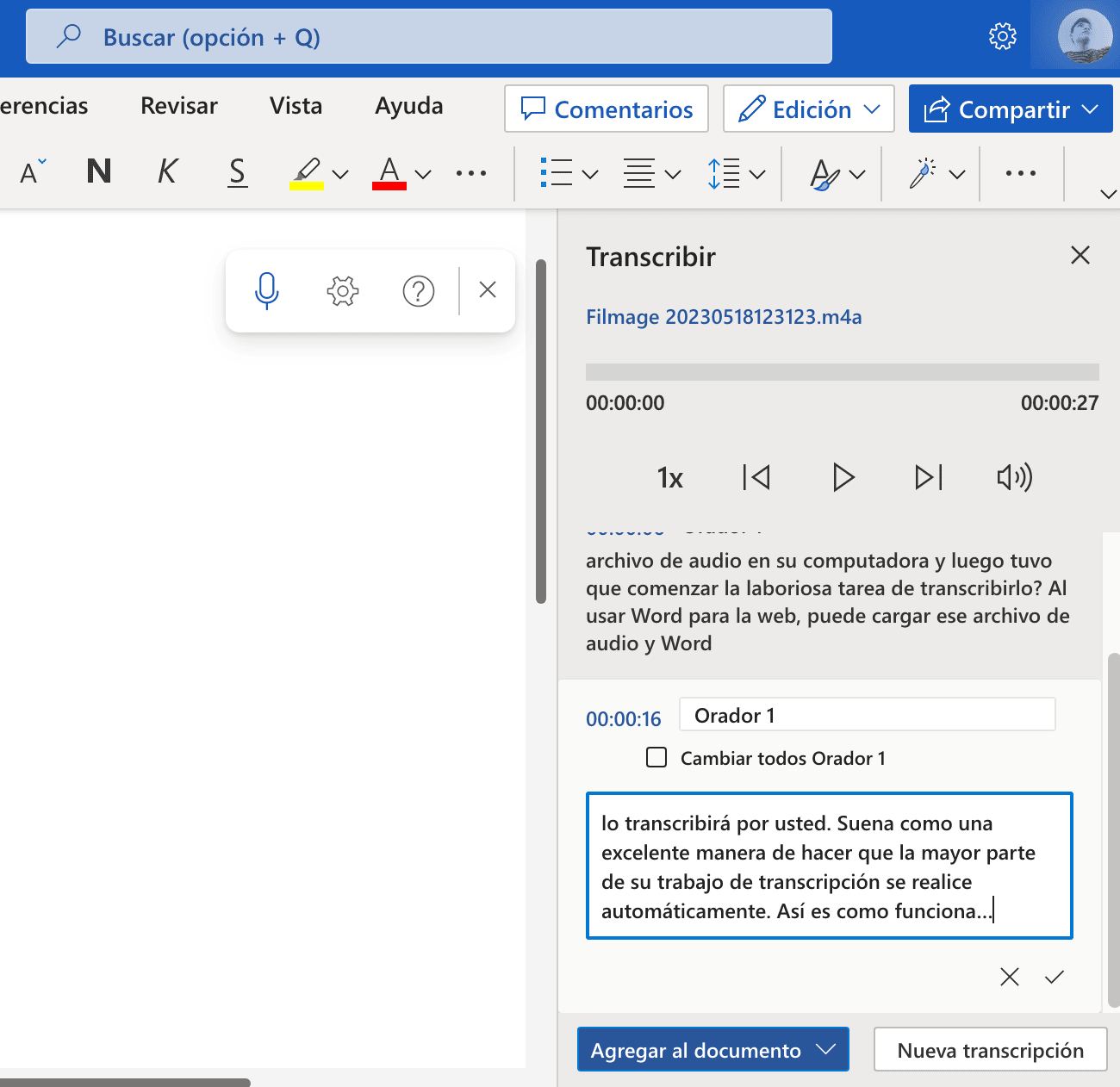 Ejemplo de transcripción automática de audio en Word