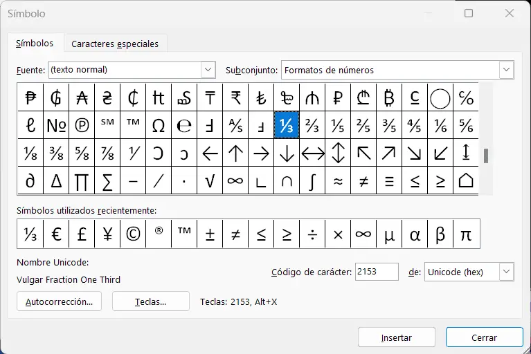 Insertar símbolos de fracción en Word para Windows