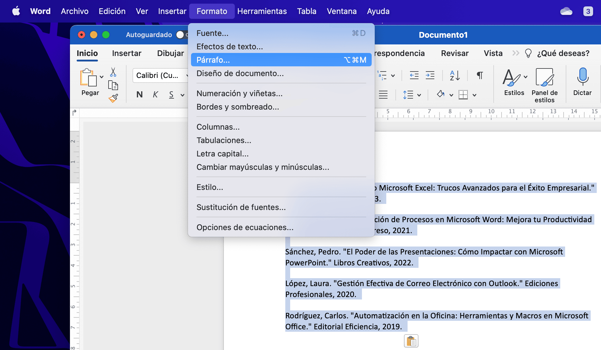 Formato y Párrafo en Word para Mac