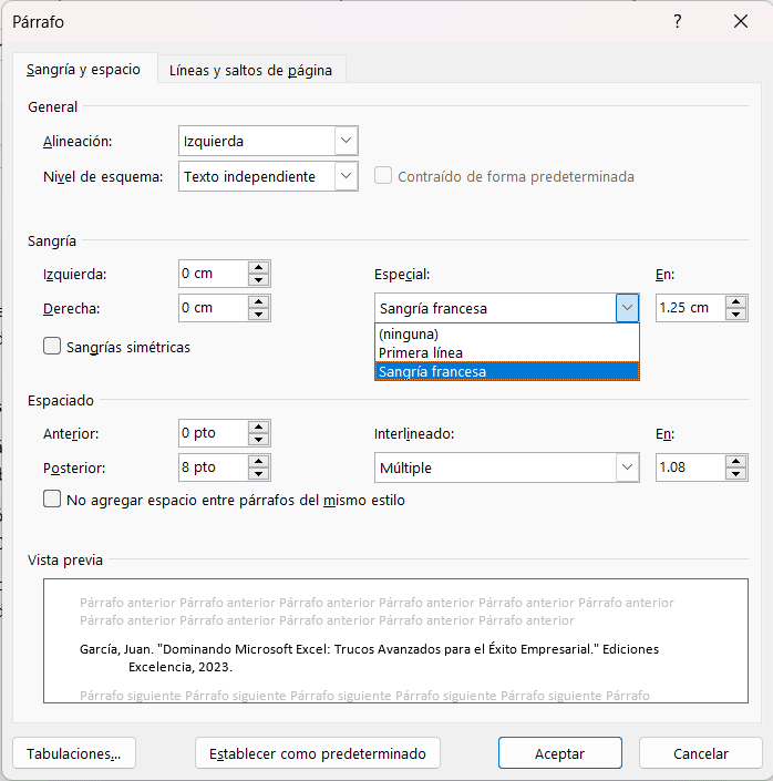 Captura de pantalla que muestra cómo configurar la sangría francesa en Word para Windows.  Se ve la ventana de diálogo de párrafo con la opción "Sangría francesa" seleccionada.