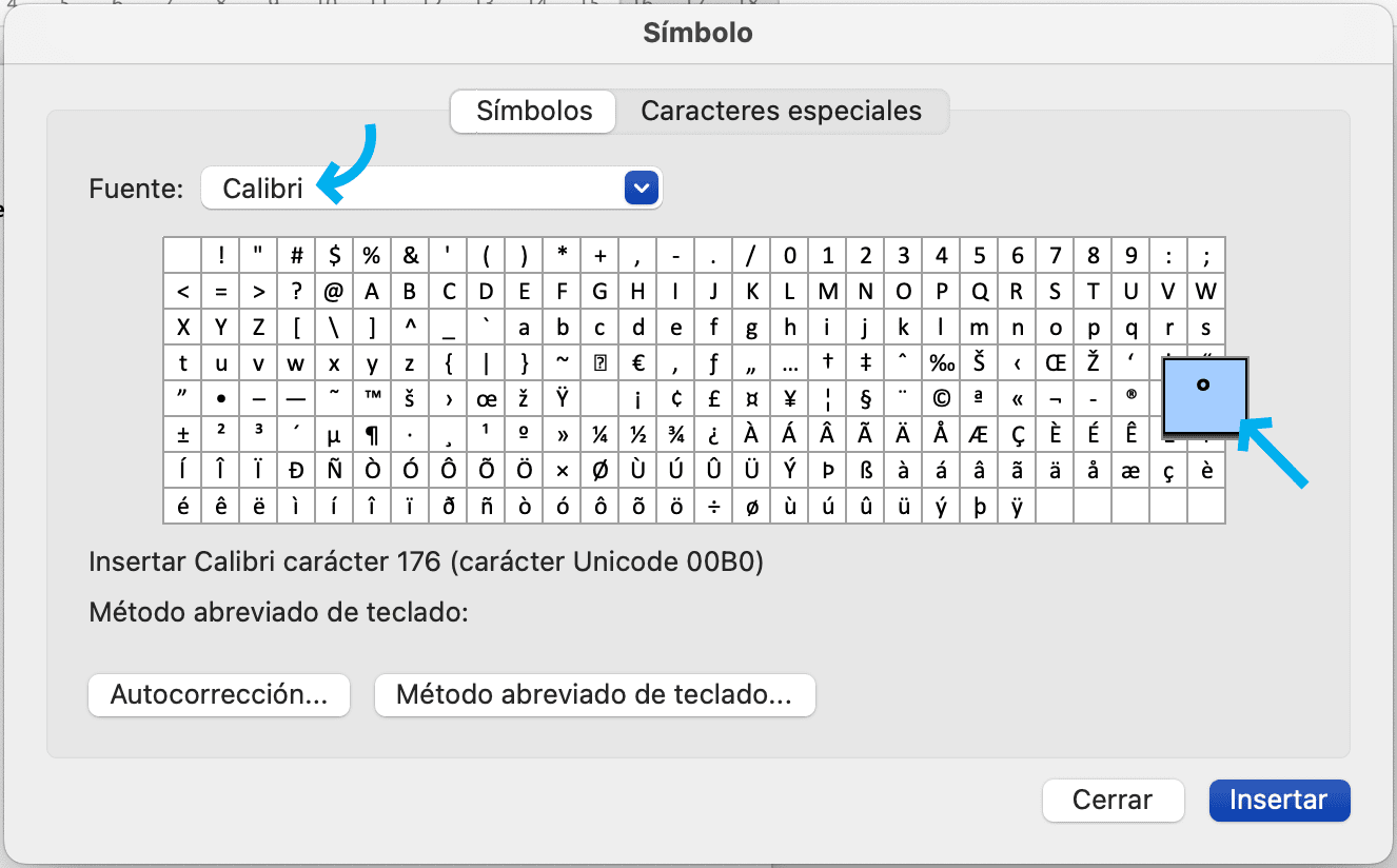 Encontrar símbolo de grados para Word