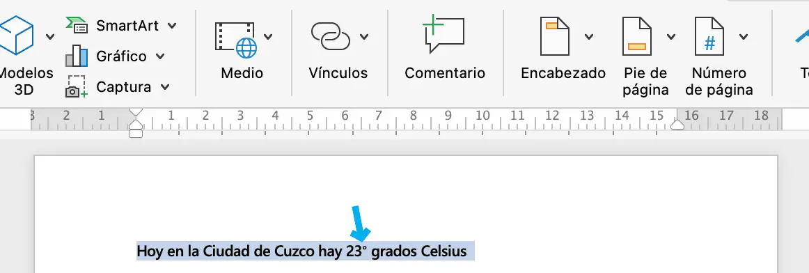 Símbolo de grados añadido a documento Word