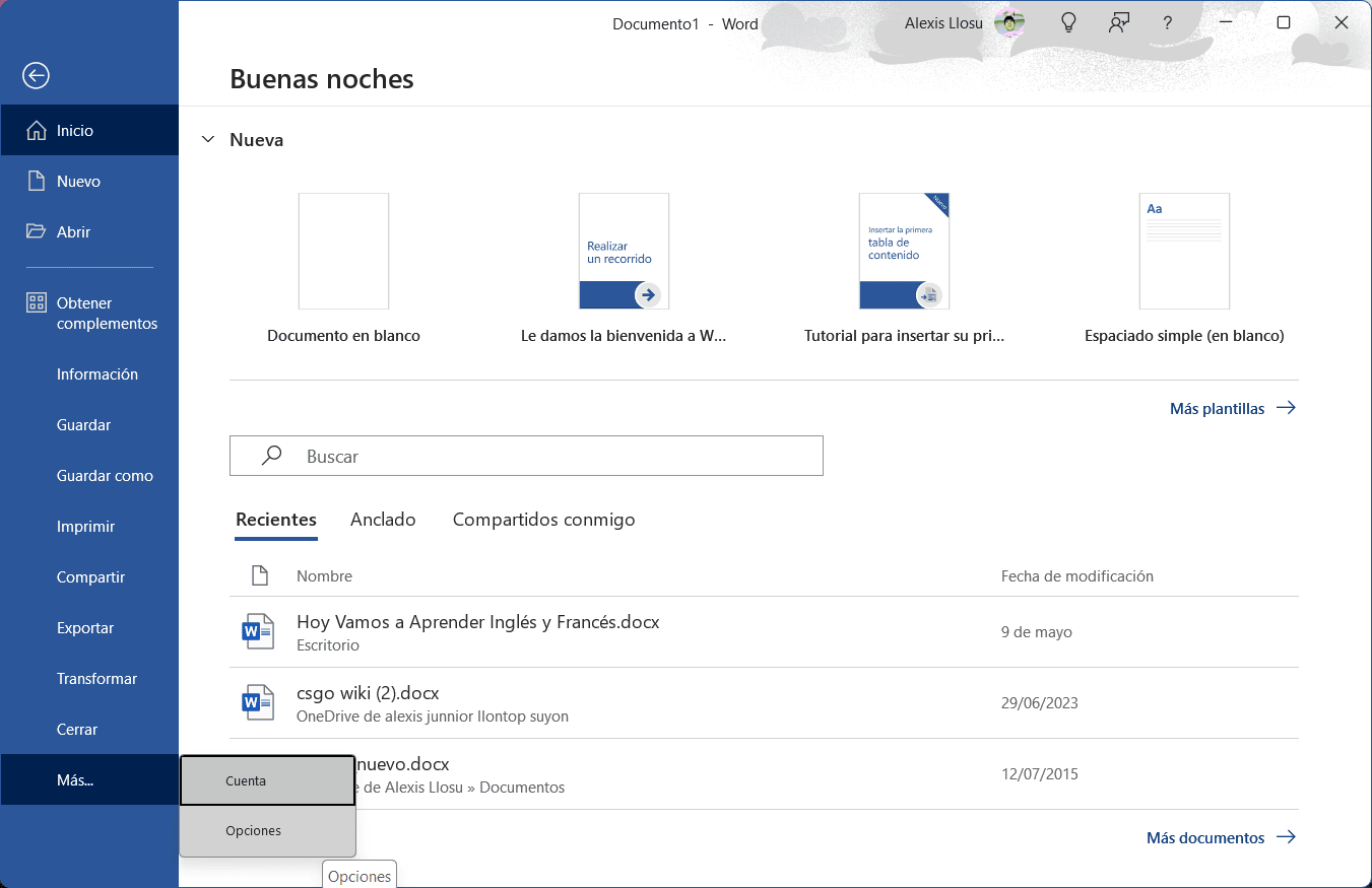 Archivo y Opciones en Word