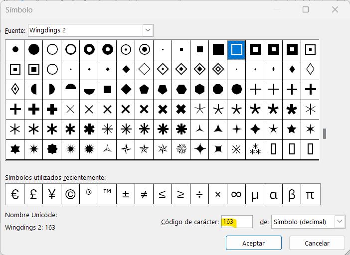 Elegir número de símbolo de checkbox