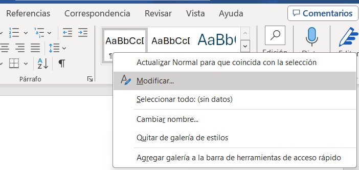 Modificar estilo Normal en documento Word