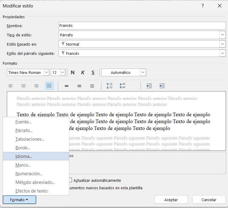 Modificar estilo en formato e idioma