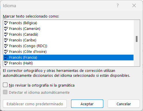 Seleccionar idioma francés para comprobar estilo