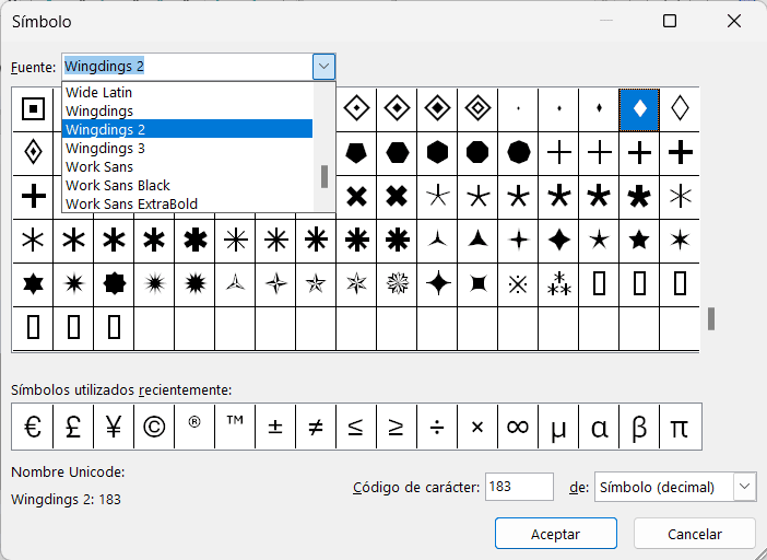 Símbolos de la fuente Wingdings 2