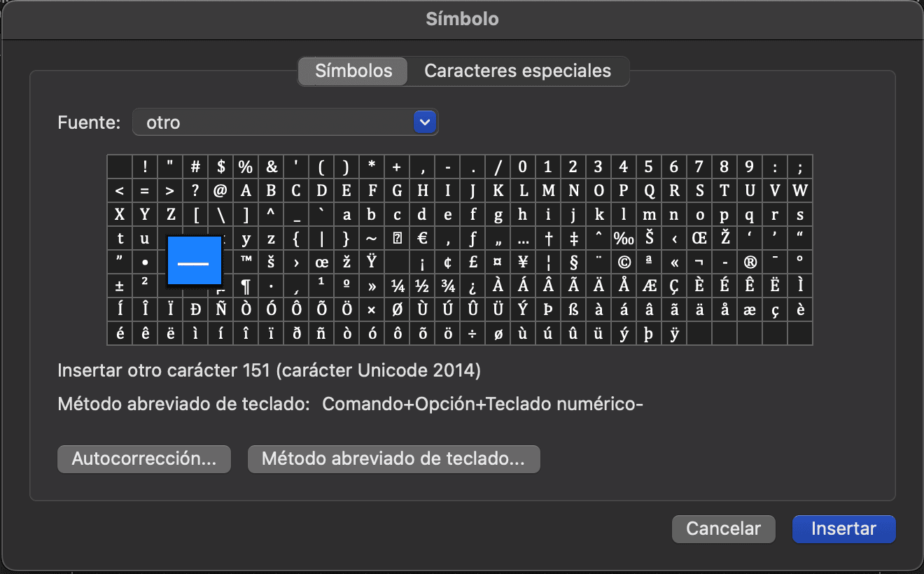 Otros símbolos guion largo y autocorreción